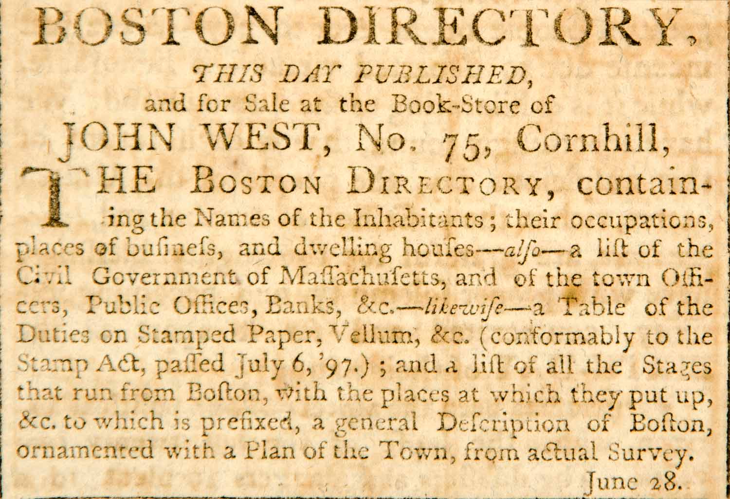 1798 Ad Boston Directory Phone Book John West Cornhill Names Massachusetts YJR1