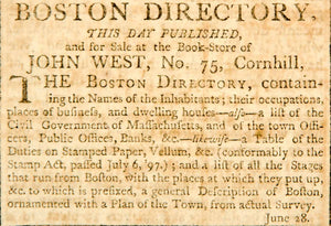 1798 Ad Boston Directory Phone Book John West Cornhill Names Massachusetts YJR1