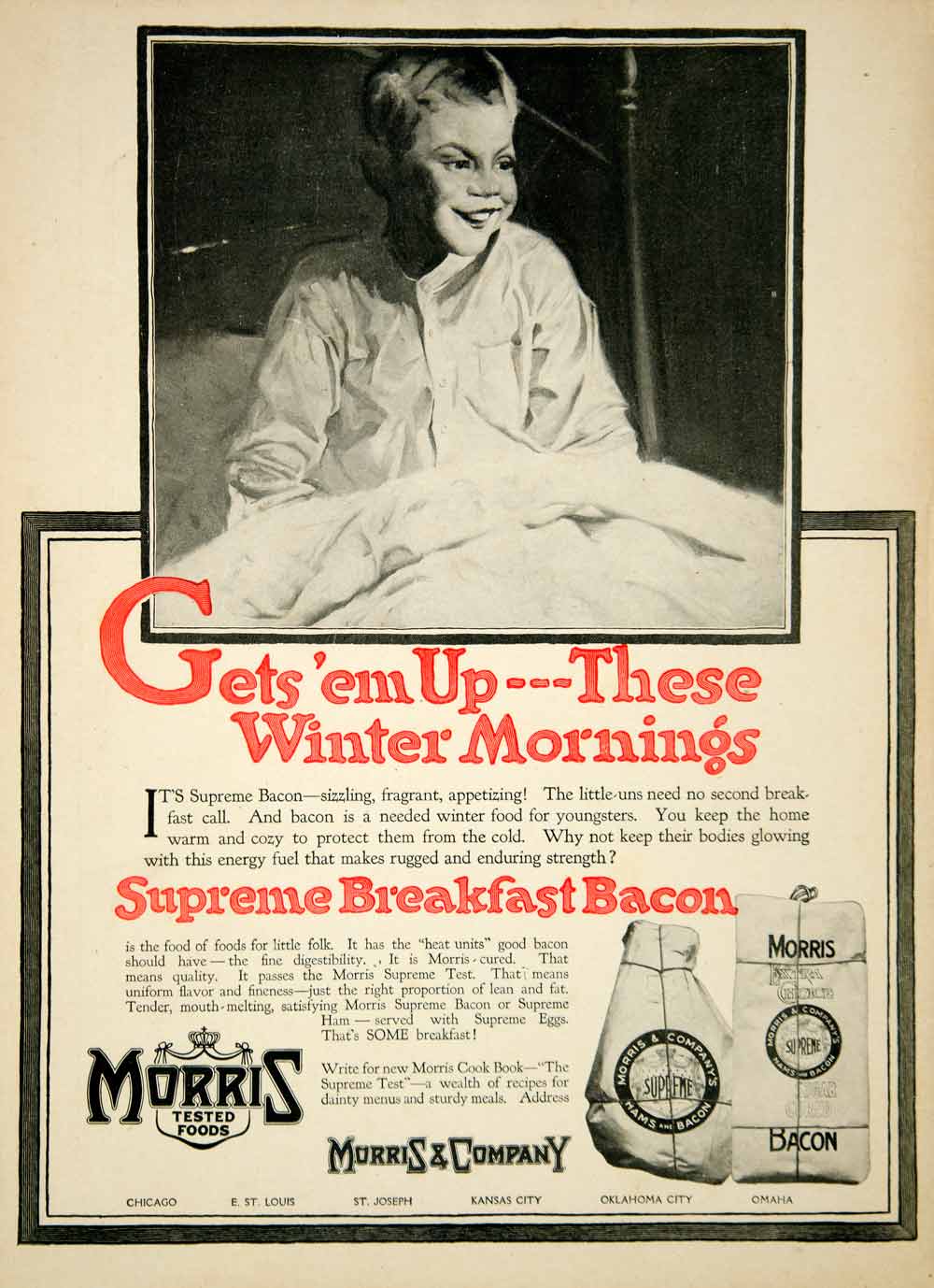 1917 Ad Ham Bacon Morris Company Midwest Breakfast Meat Boy Bed YLD1