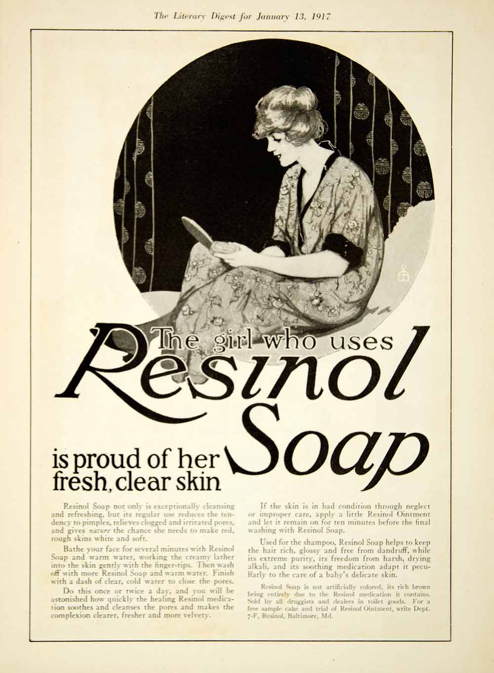 1917 Ad Resinol Soap Medication Woman Skin Hair Robe Baltimore Maryland YLD1