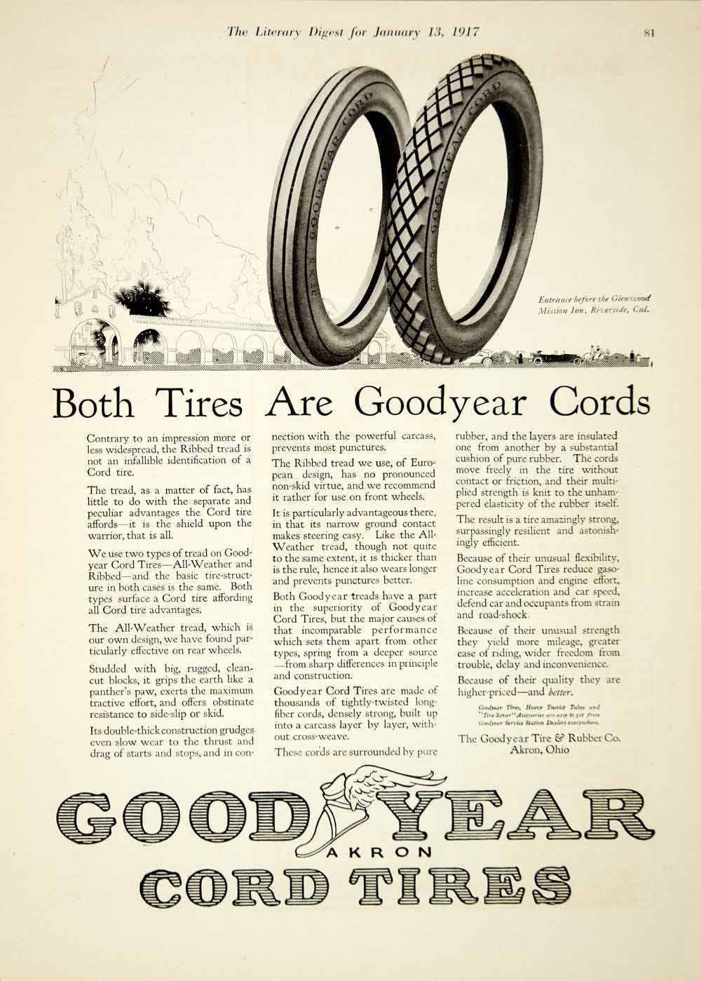 1917 Ad Good Year Cord Tires Glenwood Mission Inn Entrance Riverside YLD1 - Period Paper
