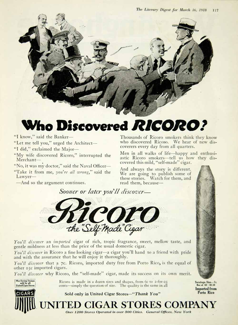1918 Ad United Cigar Stores Company New York Ricoro Tobacco Puerto Rico YLD1