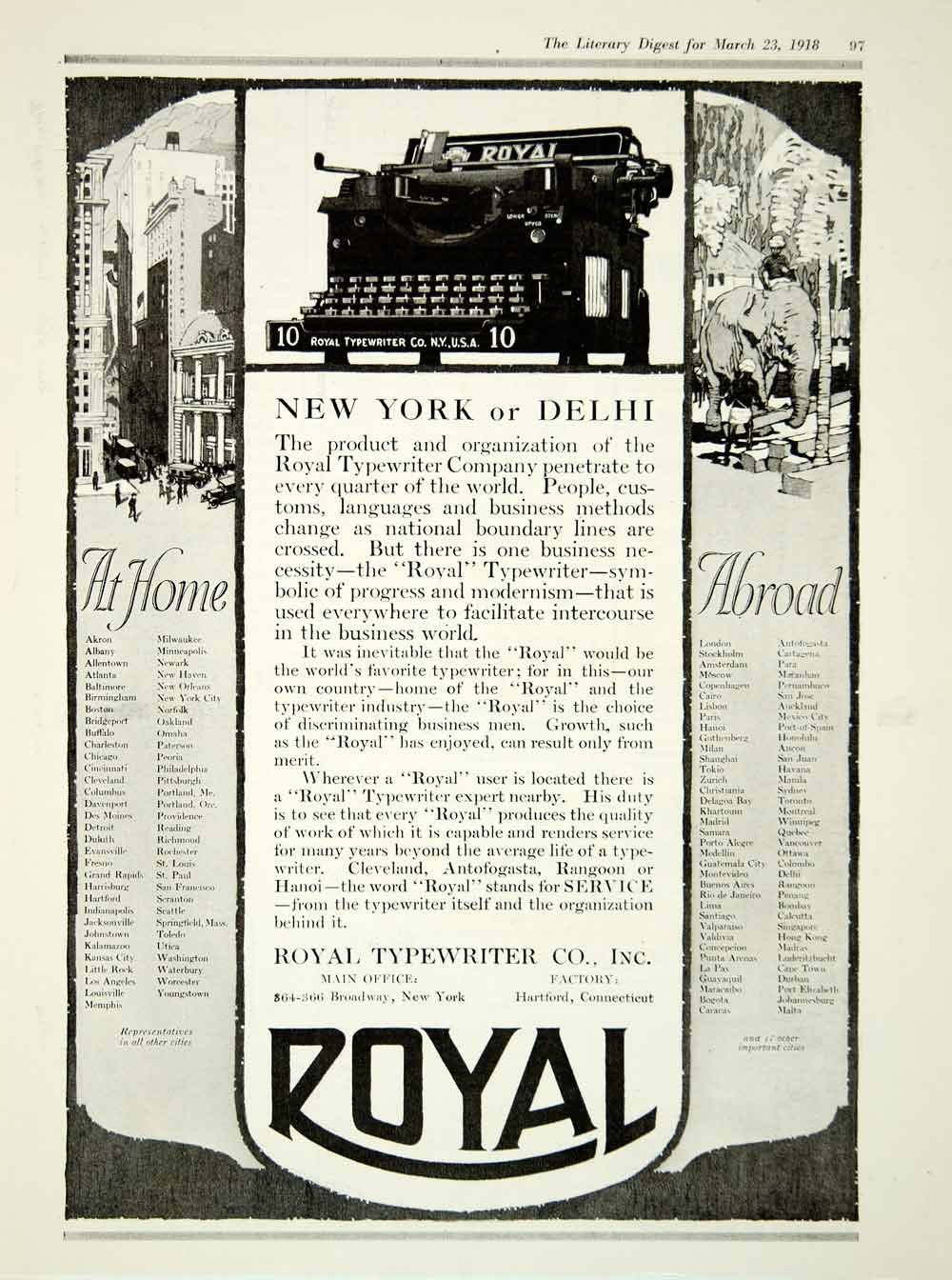 1918 Ad Royal Typewriter Company Broadway New York Delhi Buildings Elephant YLD1