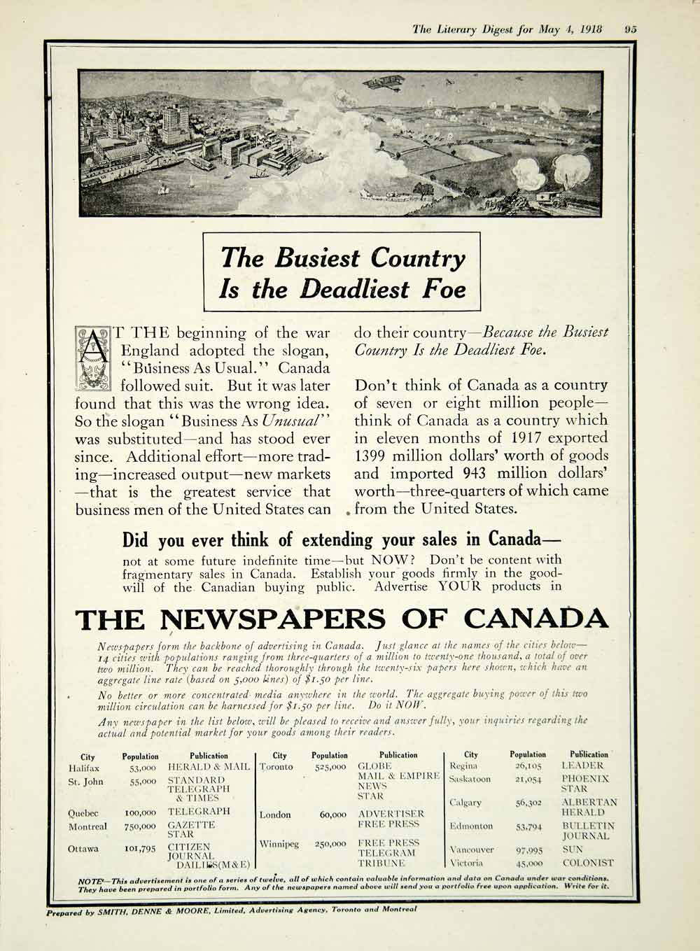 1918 Ad Smith Denne Moore Advertising Agency Newspapers WWI Canada Industry YLD1