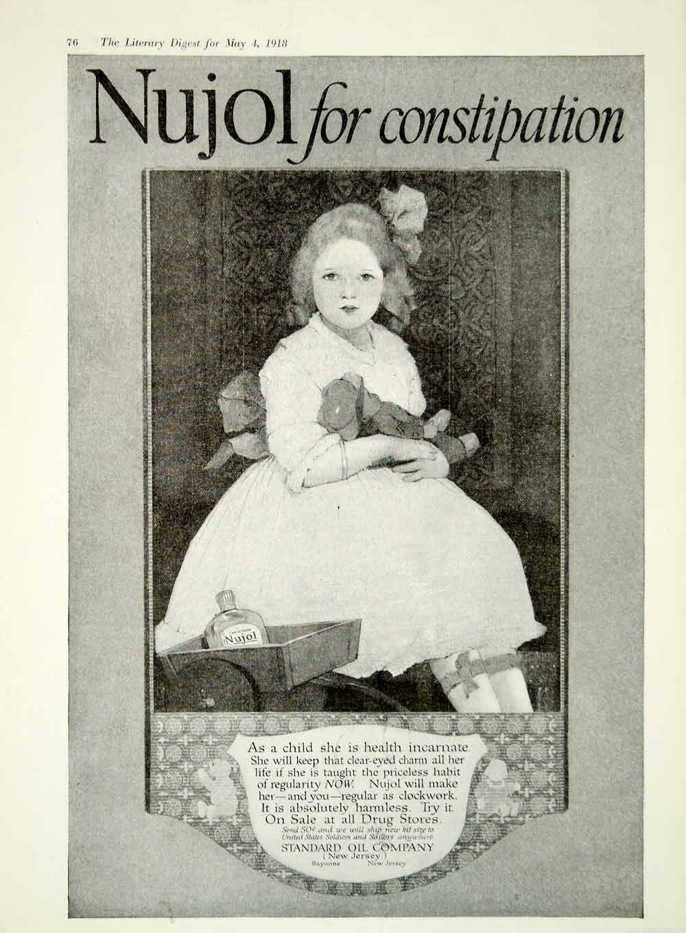 1918 Ad Nujol Constipation Medicine Child Doll Standard Oil Company New YLD1