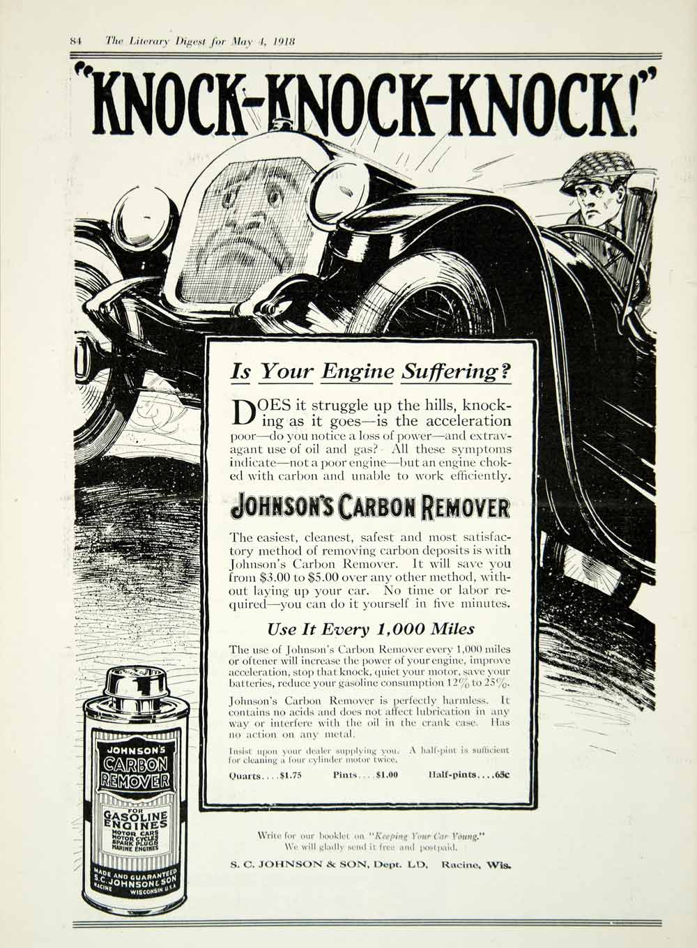 1918 Ad S.C. Johnson Son Carbon Remover Motor Engine Car Racine Knock YLD1