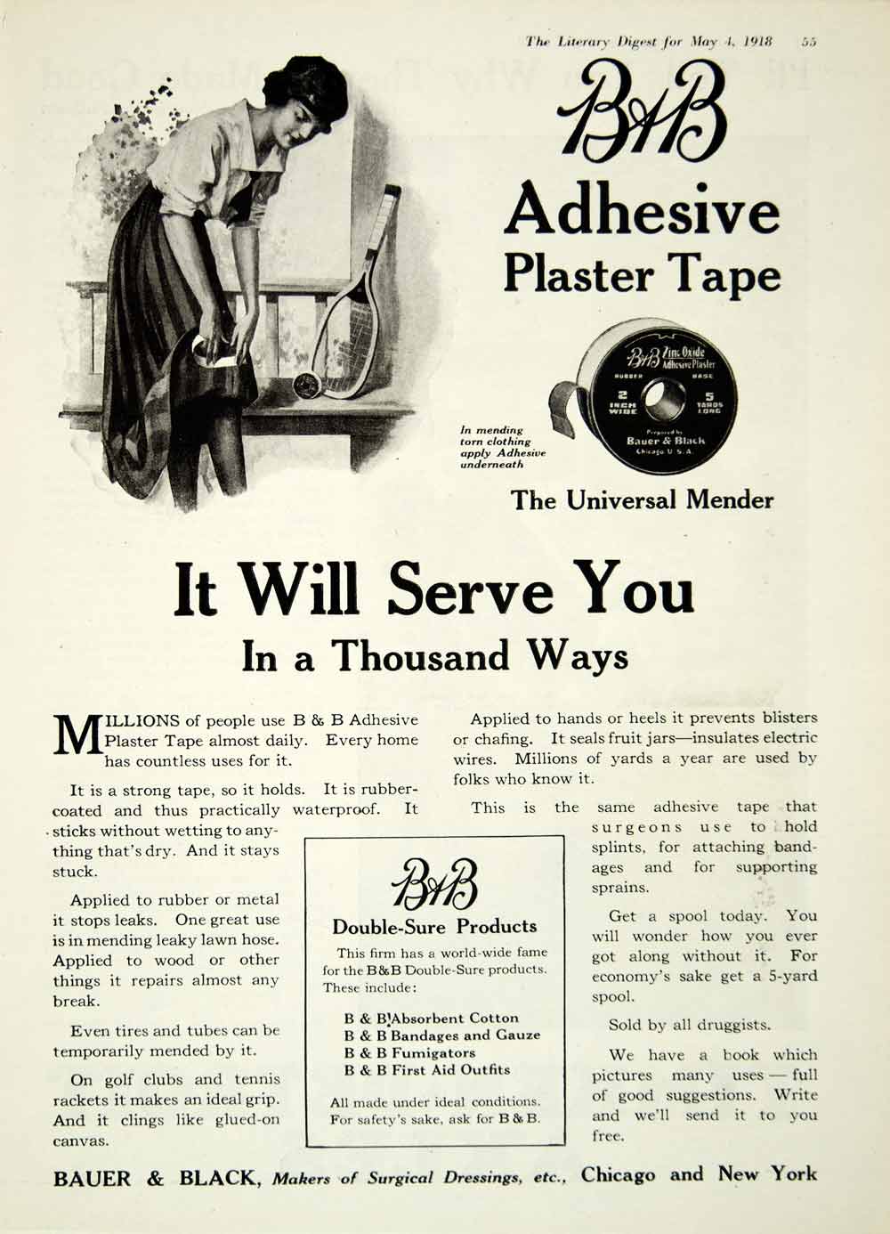 1918 Ad Bauer Black Surgical Dressings Adhesive Plaster Tape Woman Skirt YLD1