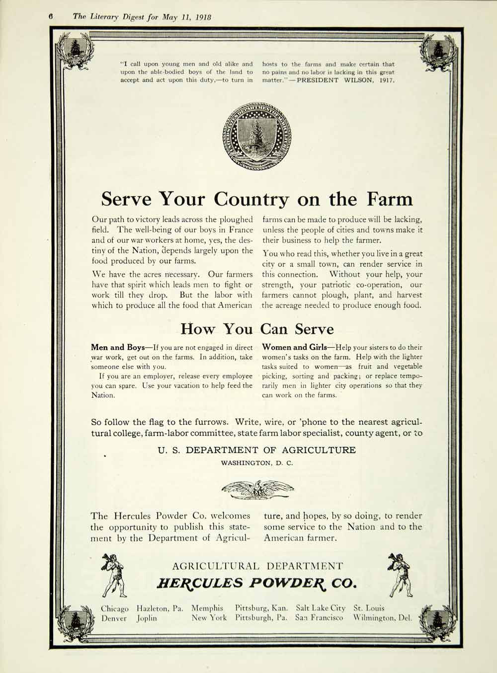 1918 Ad Hercules Powder Company United States Department Agriculture WWI YLD1 - Period Paper
