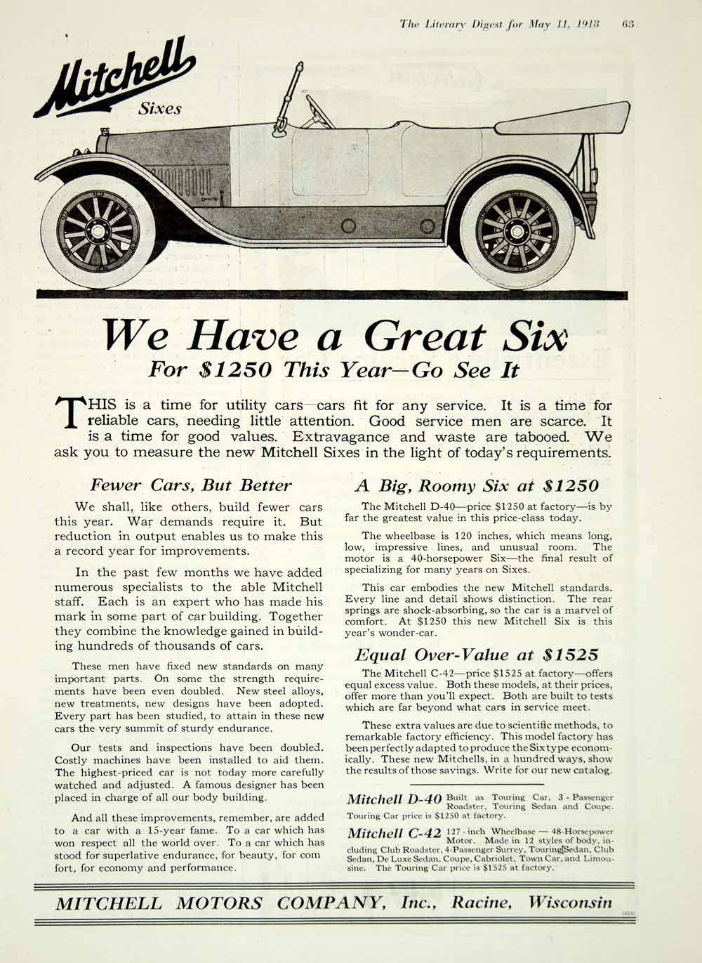 1918 Ad Mitchell Sixes Motor Company Utility Vehicle Automobile Racine YLD1