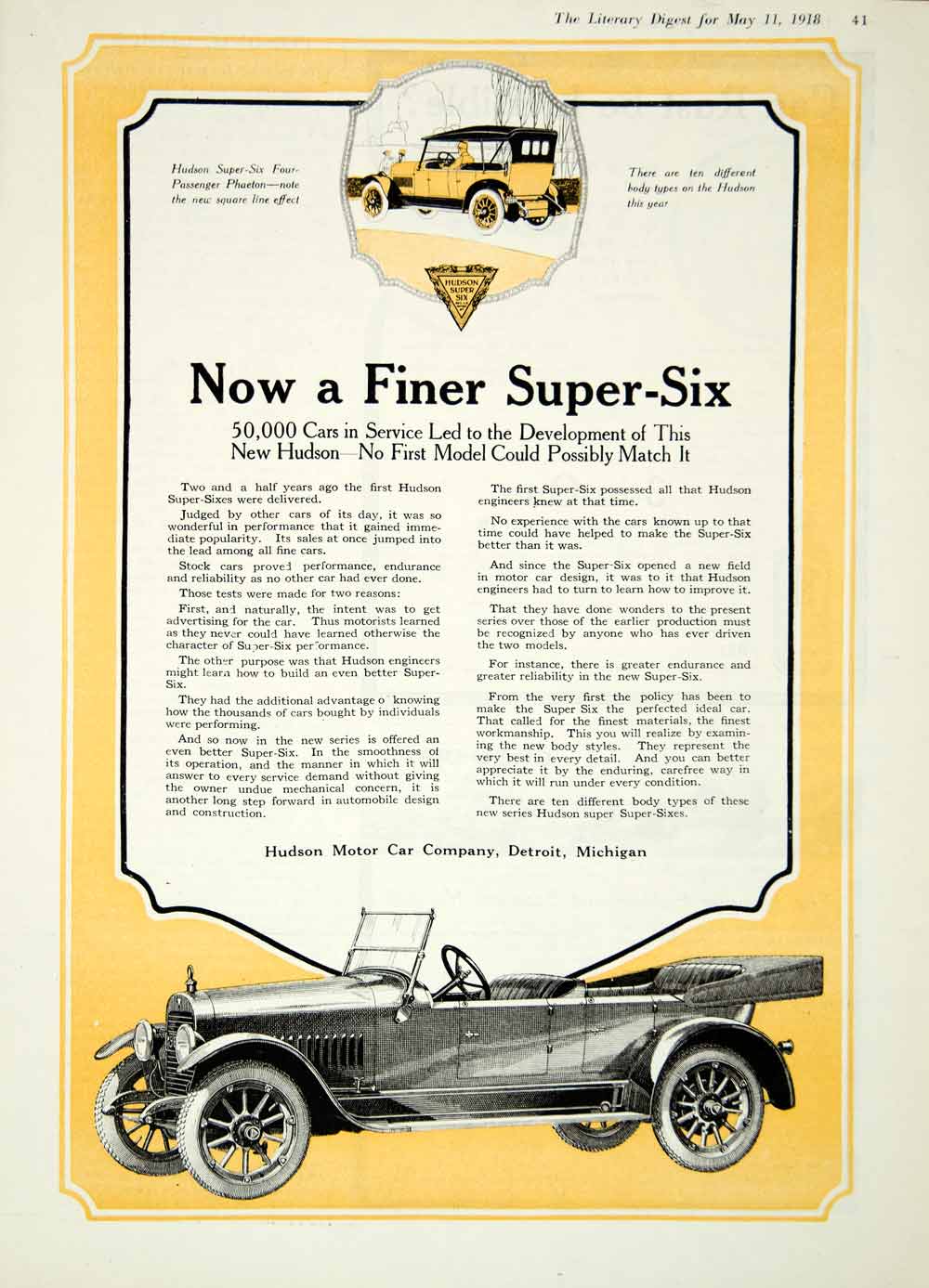 1918 Ad Hudson Motor Car Company Super-Six Four Passenger Detroit Michigan YLD1