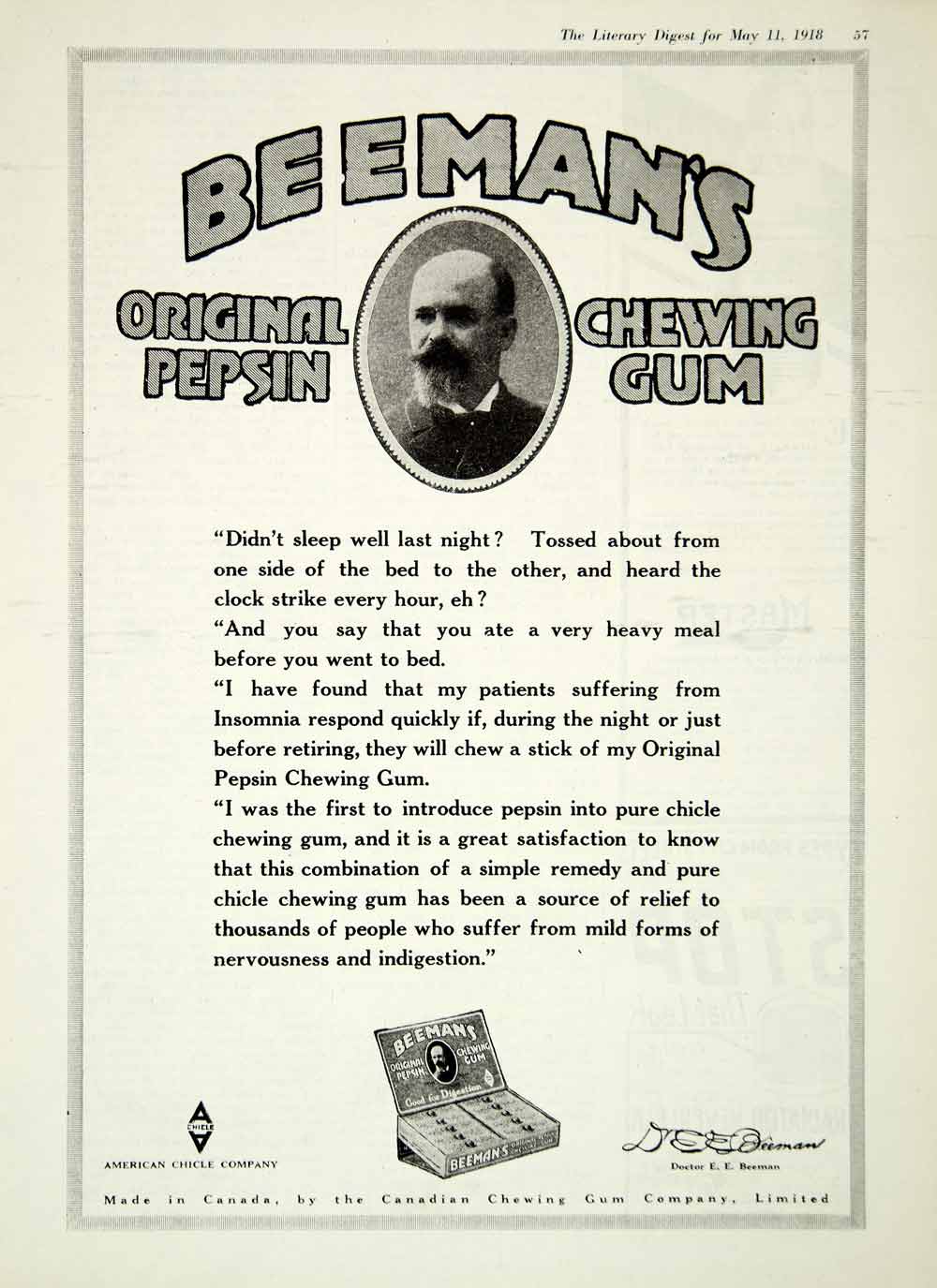 1918 Ad American Chicle Company Beeman's Pepsin Chewing Gum Man Mustache YLD1