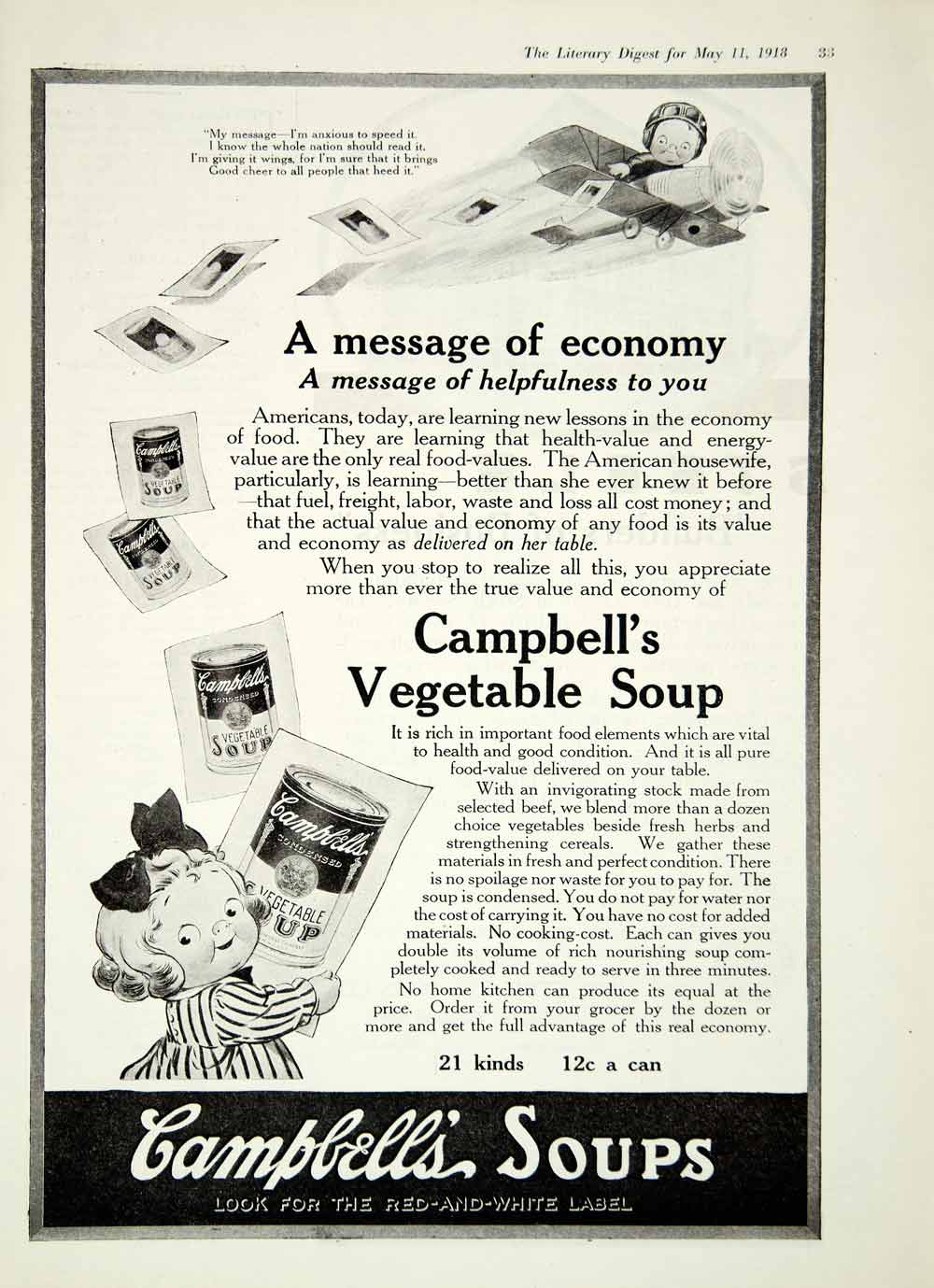 1918 Ad Campbell's Condensed Vegetable Soup Food Can Children Boy Girl YLD1