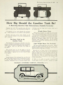 1918 Ad Franklin Automobile Company Car Gasoline Tank Syracuse New York YLD1