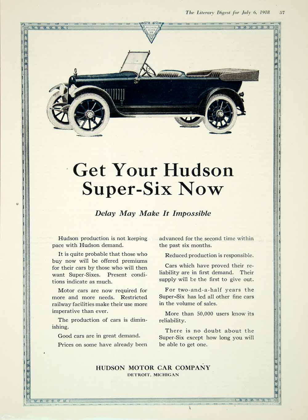 1918 Ad Super-Six Hudson Motor Car Company Detroit Michigan Blue Vehicle YLD1
