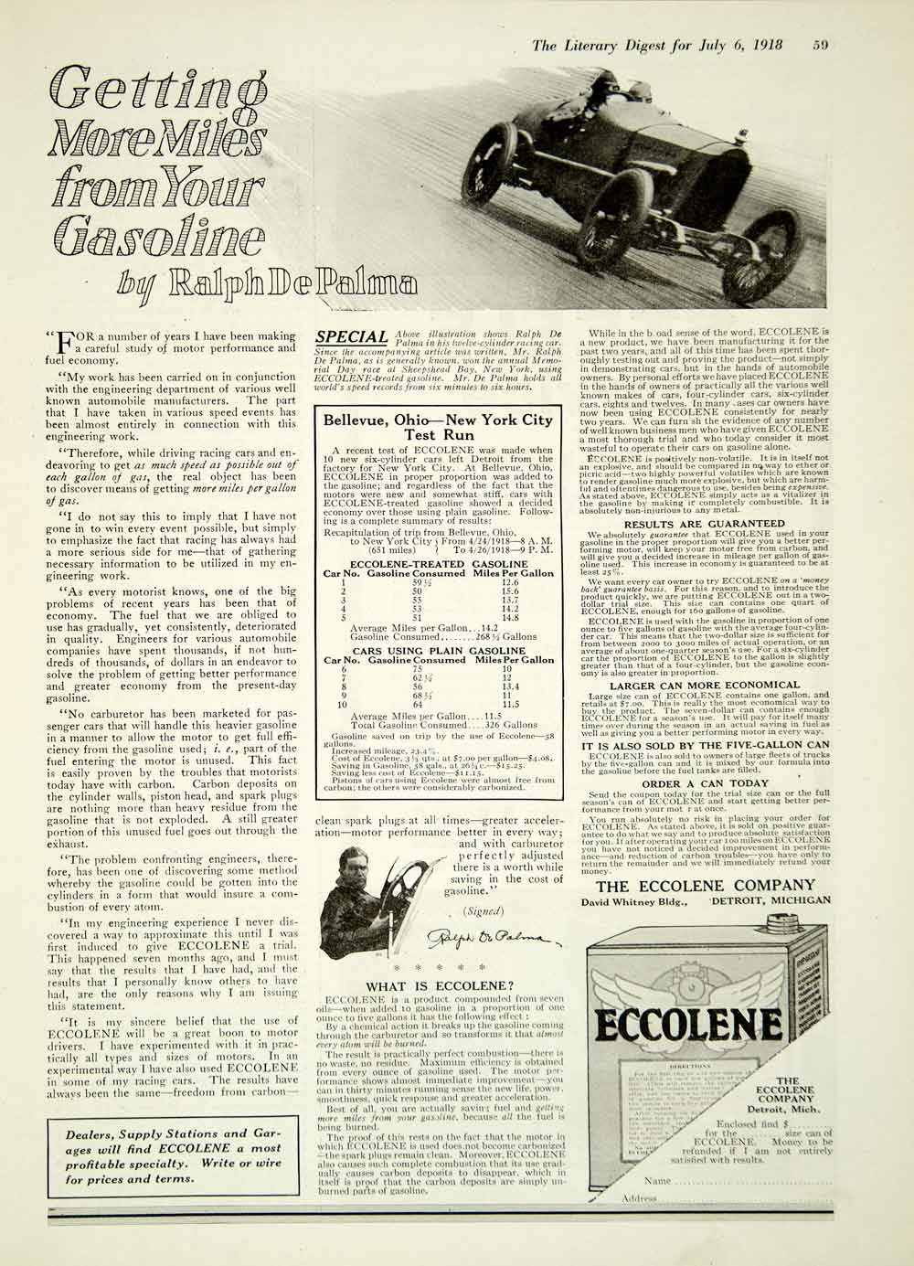 1918 Ad Eccolene Company Gasoline Treatment Motor Cars Oil Detroit Michigan YLD1