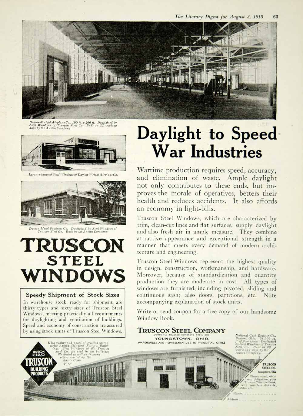 1918 Ad Steel Windows Truscon Company Youngstown Ohio Warehouse WWI YLD1