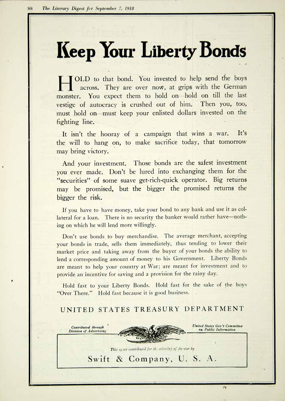 1918 Ad WWI Liberty Bonds Swift Company United States Treasury Department YLD1