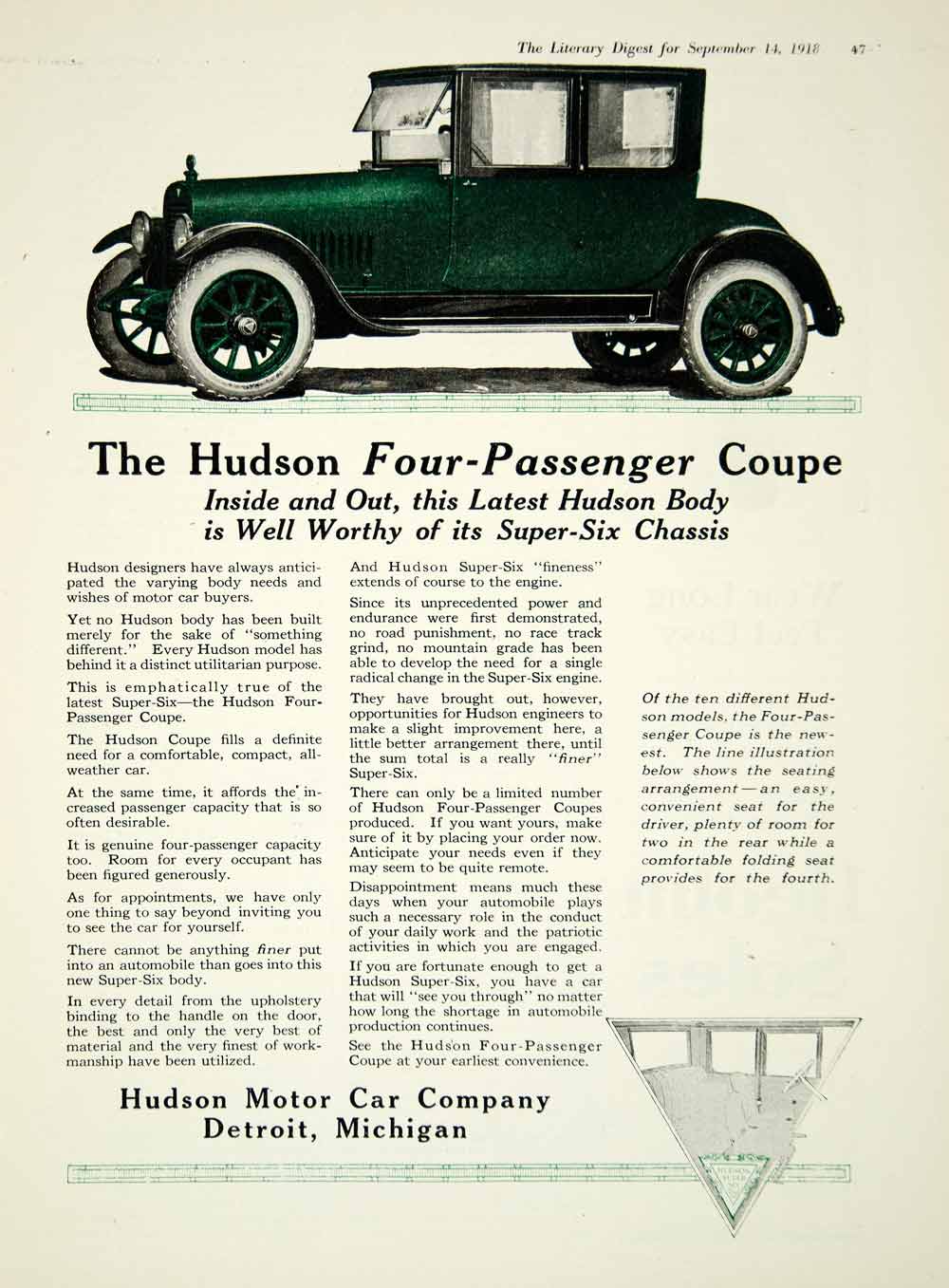 1918 Ad Four-Passenger Coupe Super-Six Hudson Motor Car Company Detroit YLD1