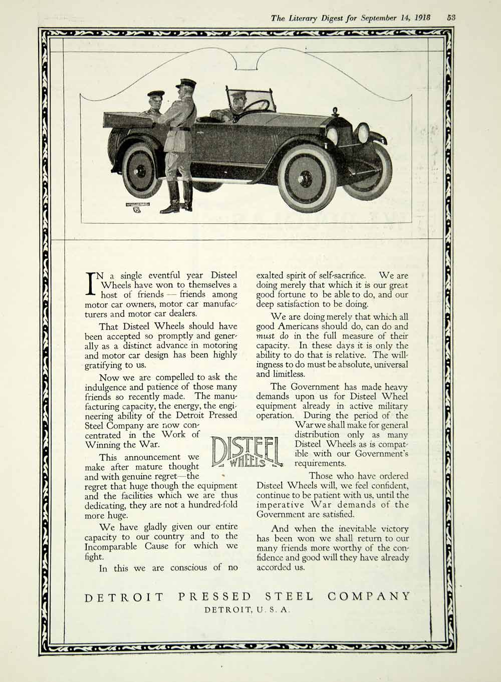 1918 Ad Disteel Wheels Detroit Pressed Steel Company Michigan Car Men WWI YLD1
