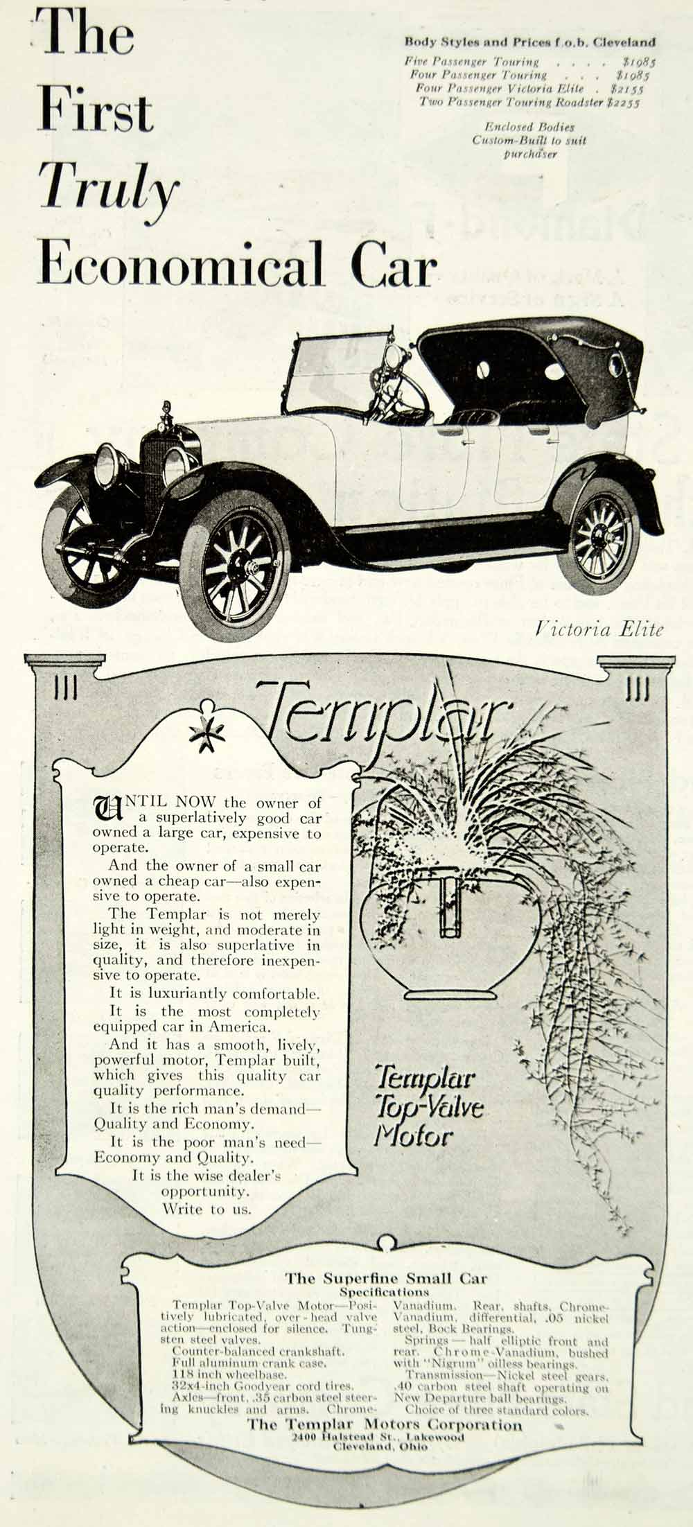 1918 Ad Templar Motors Corporation Victoria Elite Car Vehicle Cleveland YLD1