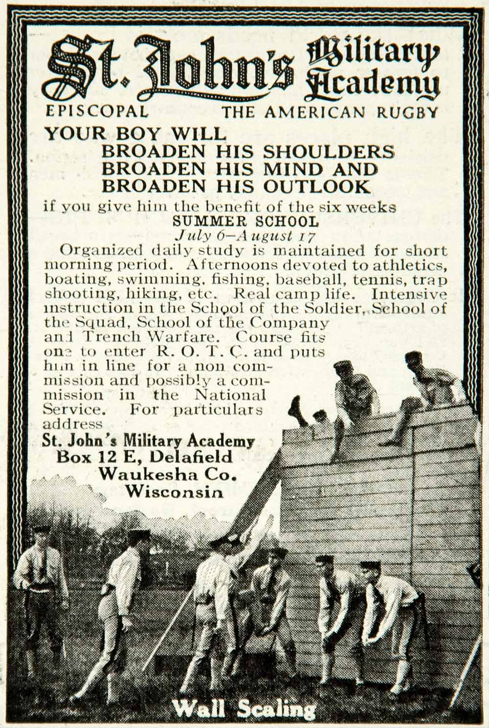 1918 Ad St. Johns Military Academy Episcopal Summer School Waukesha County YLD1