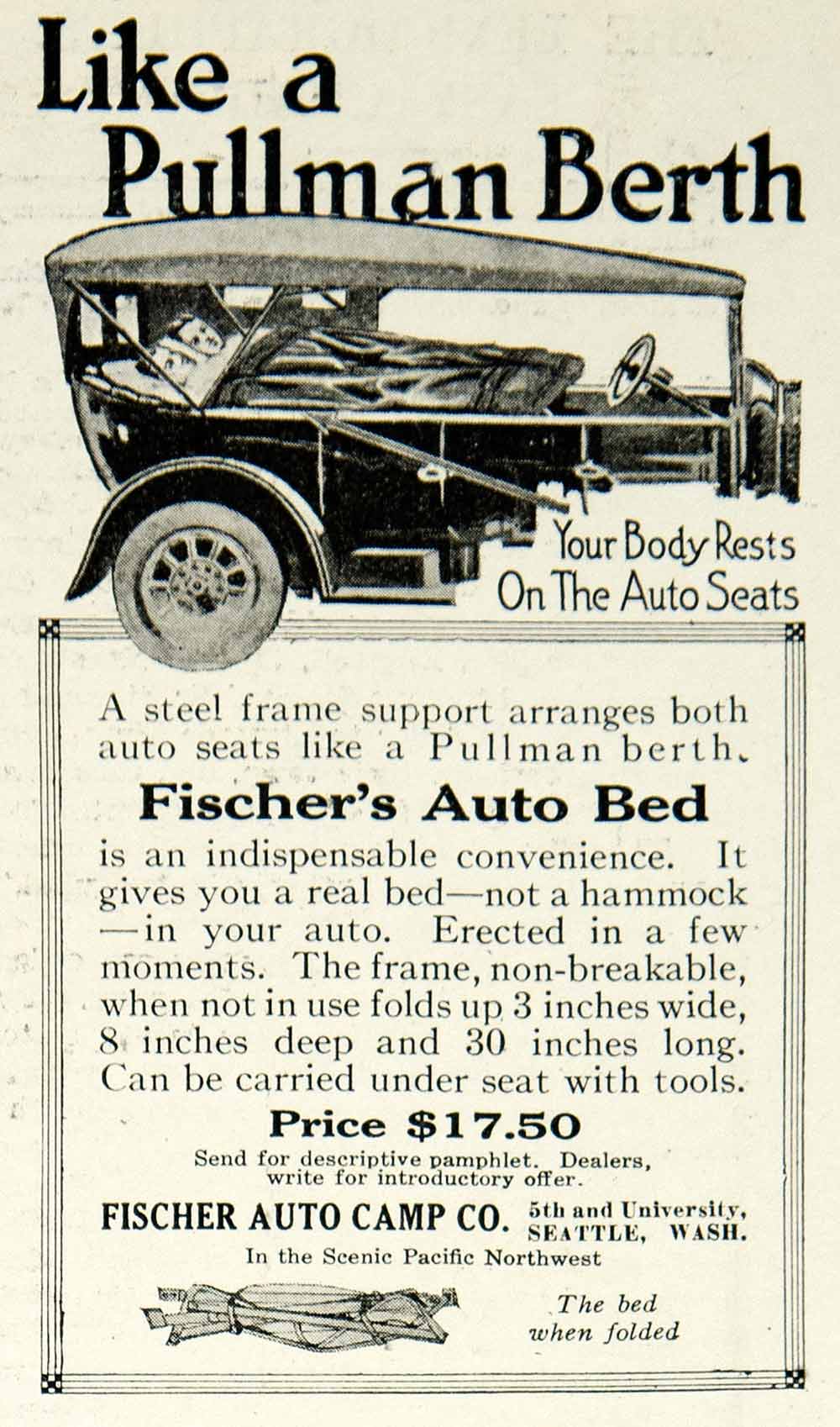 1918 Ad Fischer's Auto Bed Camp Company Car Camping Seattle Washington YLD1
