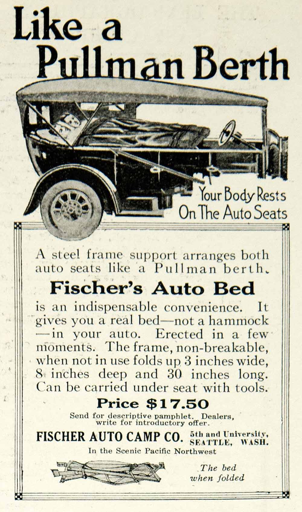 1918 Ad Fischer's Auto Bed Camp Company Car Camping Seattle Washington   Period Paper Historic Art LLC
