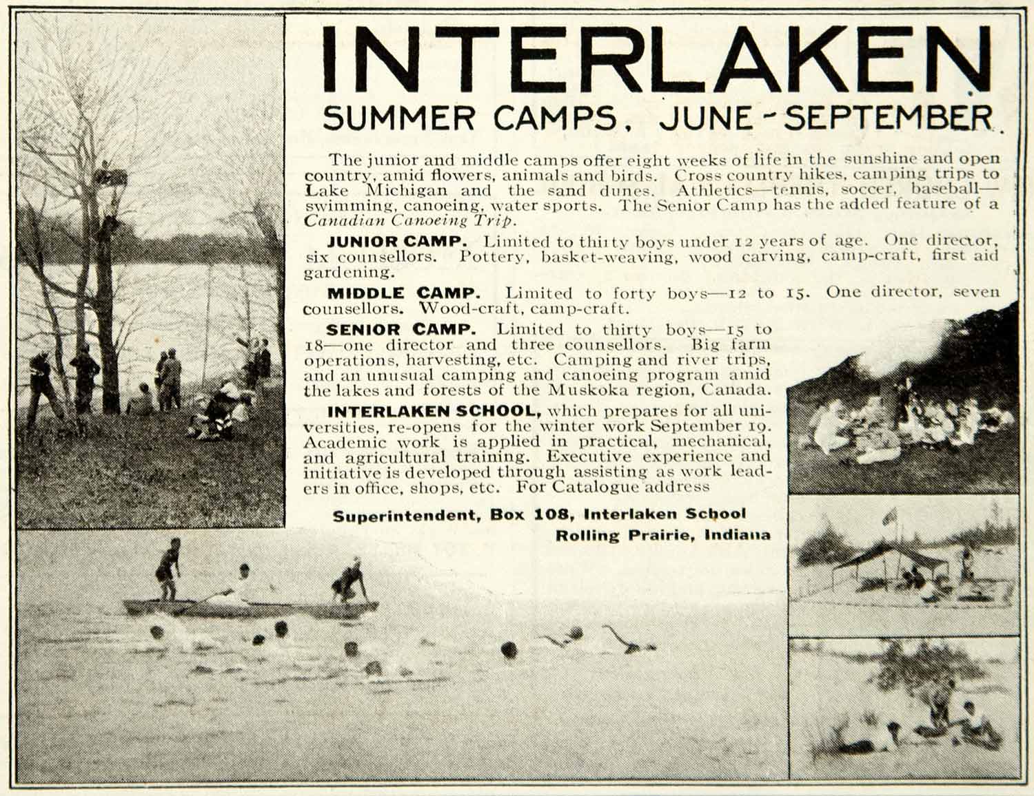 1918 Ad Interlaken Summer Camp School Rolling Prairie Indiana Trees Lake YLD1