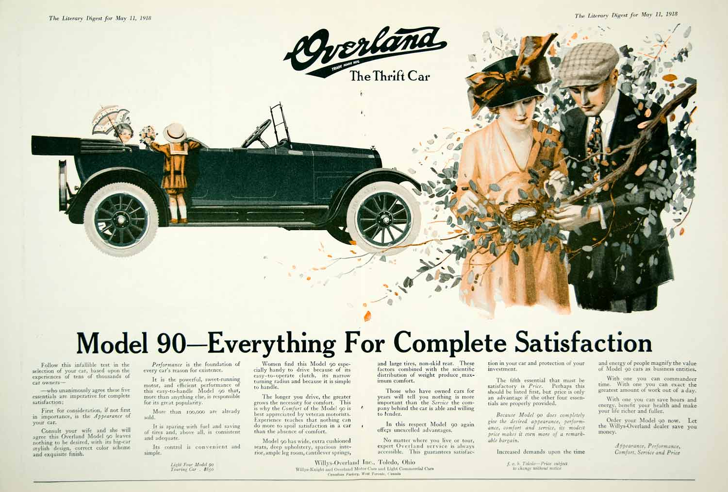 1918 Ad Overland Thrift Car Model 90 Vehicle Man Woman Children Branch Bird YLD1