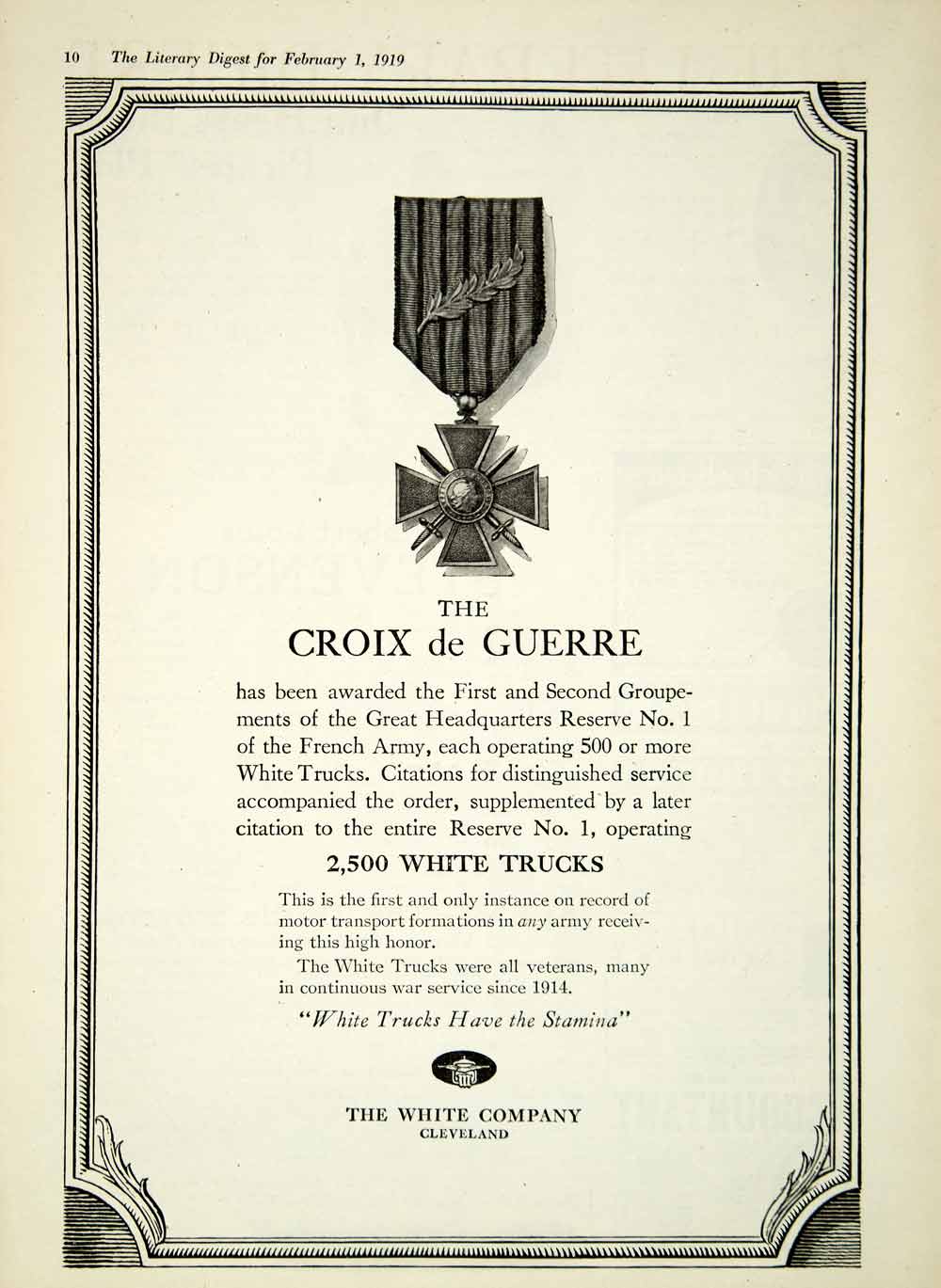 1919 Ad White Trucks Cleveland OH Croix De Guerre WWI French Army Military YLD2