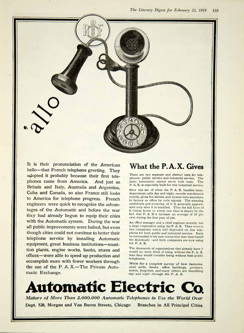 1919 Ad Automatic Electric PAX Telephone 520 Morgan Van Buren St Chicago IL YLD2