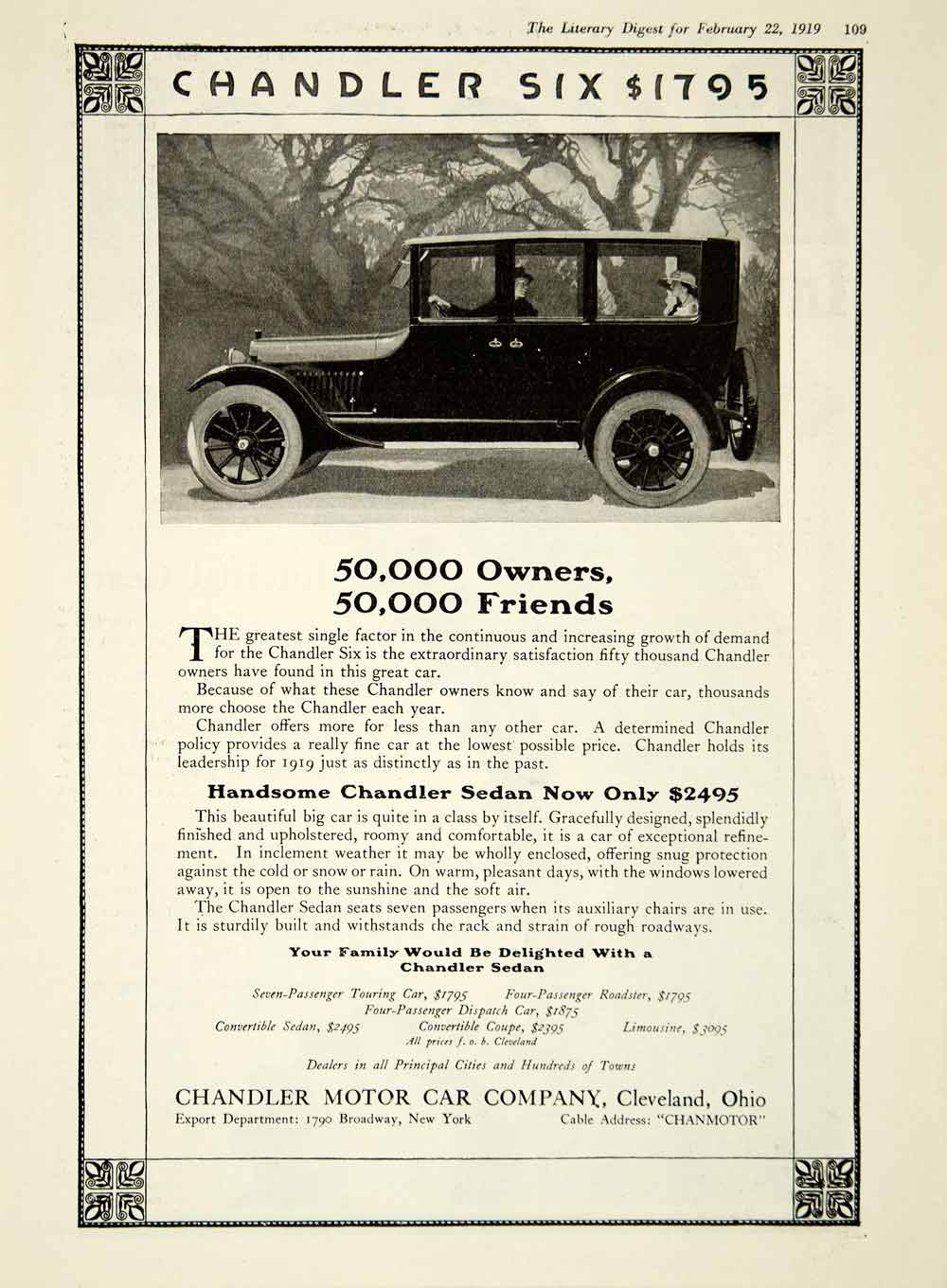 1919 Ad Chandler Six 4 Door Sedan Touring Car Cleveland OH Brass Era YLD2