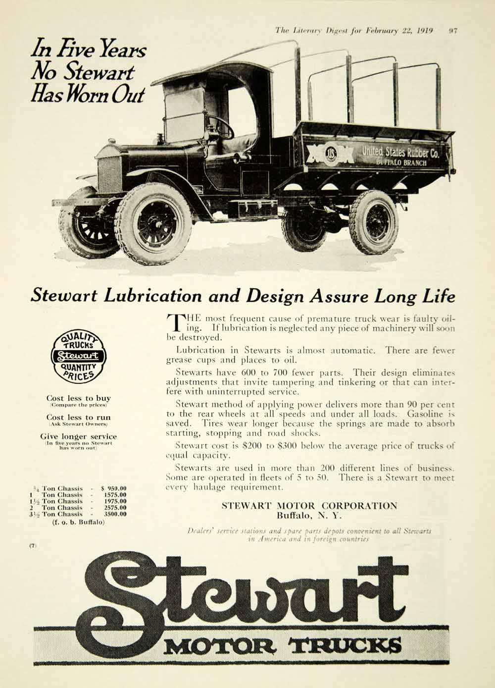 1919 Ad Stewart Motor Trucks Buffalo NY Transportation Vehicle Lubrication YLD2