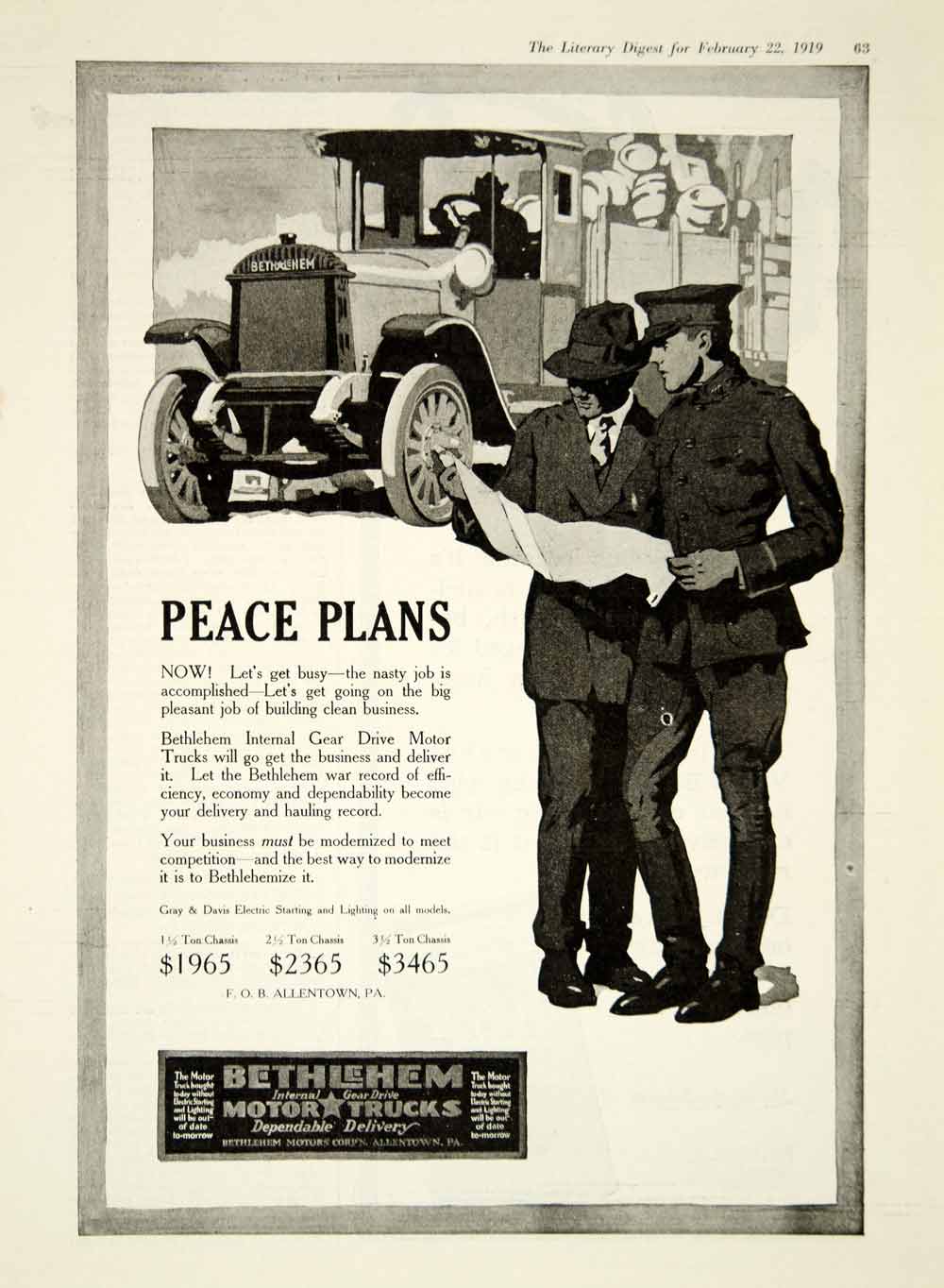 1919 Ad Bethlehem Motor Trucks Allentown PA Internal Gear Drive WWI Soldier YLD2