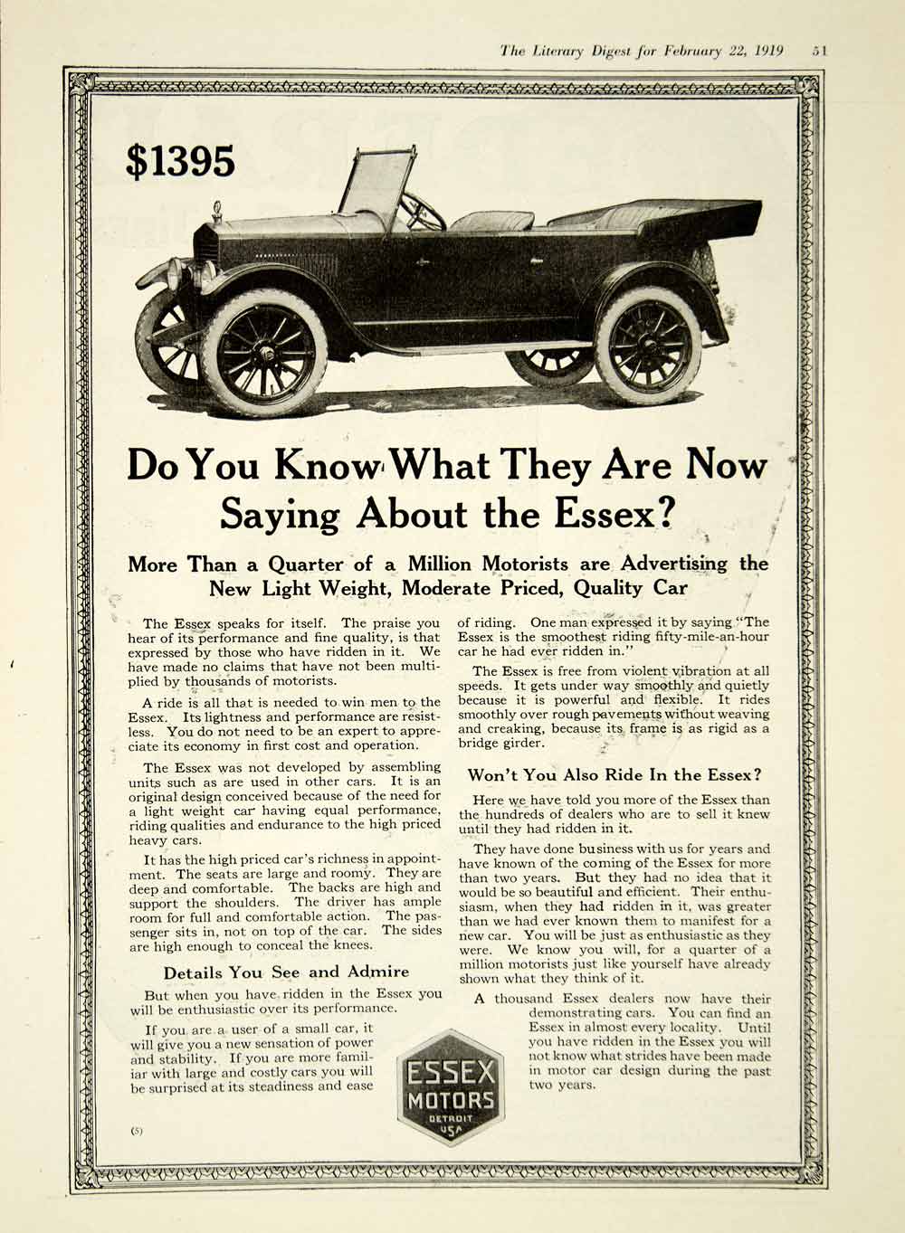 1919 Ad Essex Motors Detroit MI 4 Door Touring Speedster Brass Era YLD2