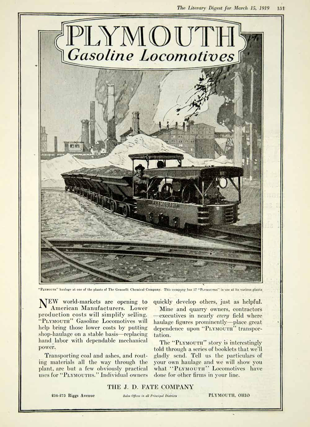 1919 Ad JD Fate 25479 Riggs Ave Plymouth OH Gasoline Locomotive Grasselli YLD2