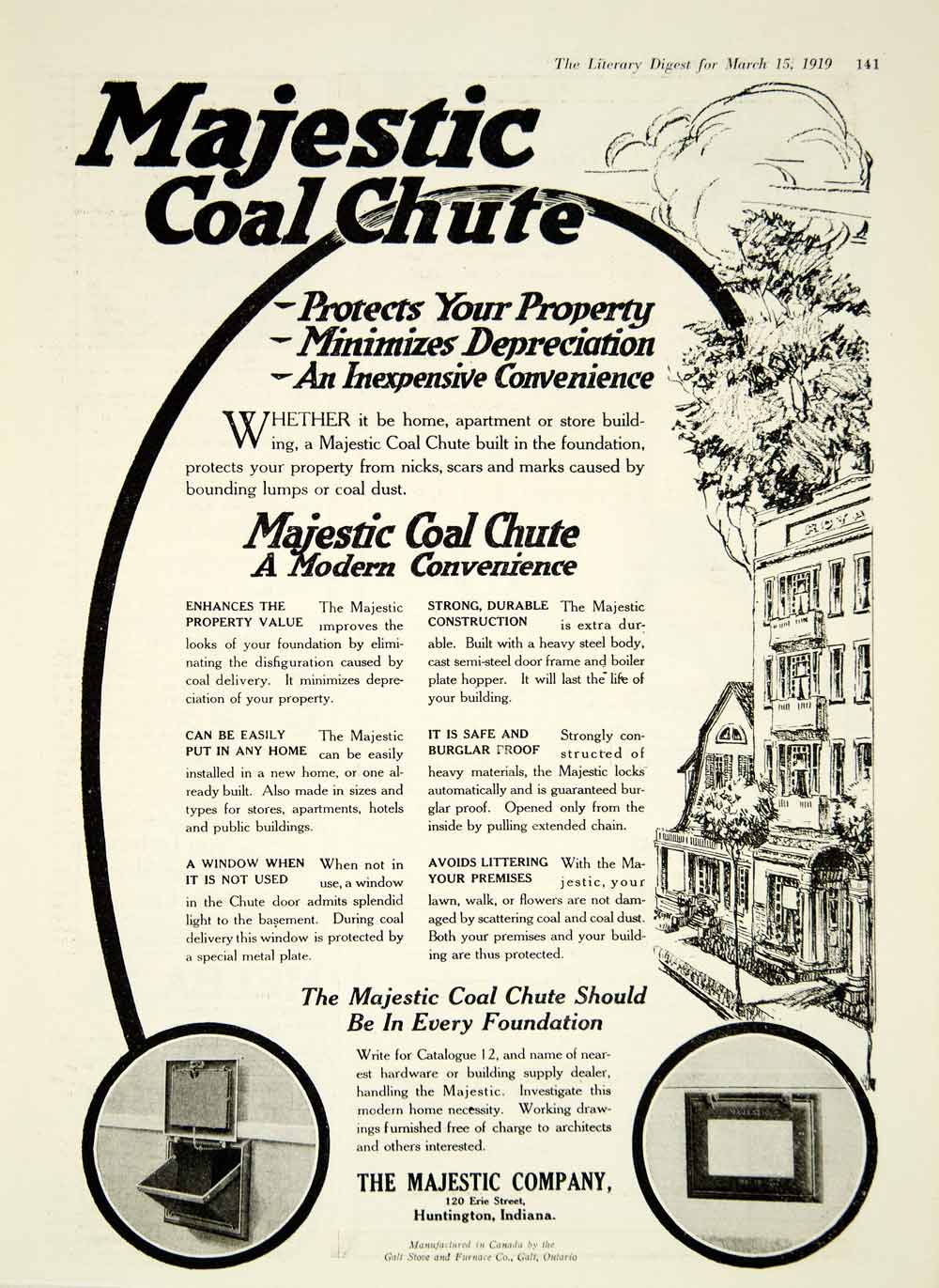 1919 Ad Majestic 120 Erie St Huntington IN Coal Chute Household Hardware YLD2