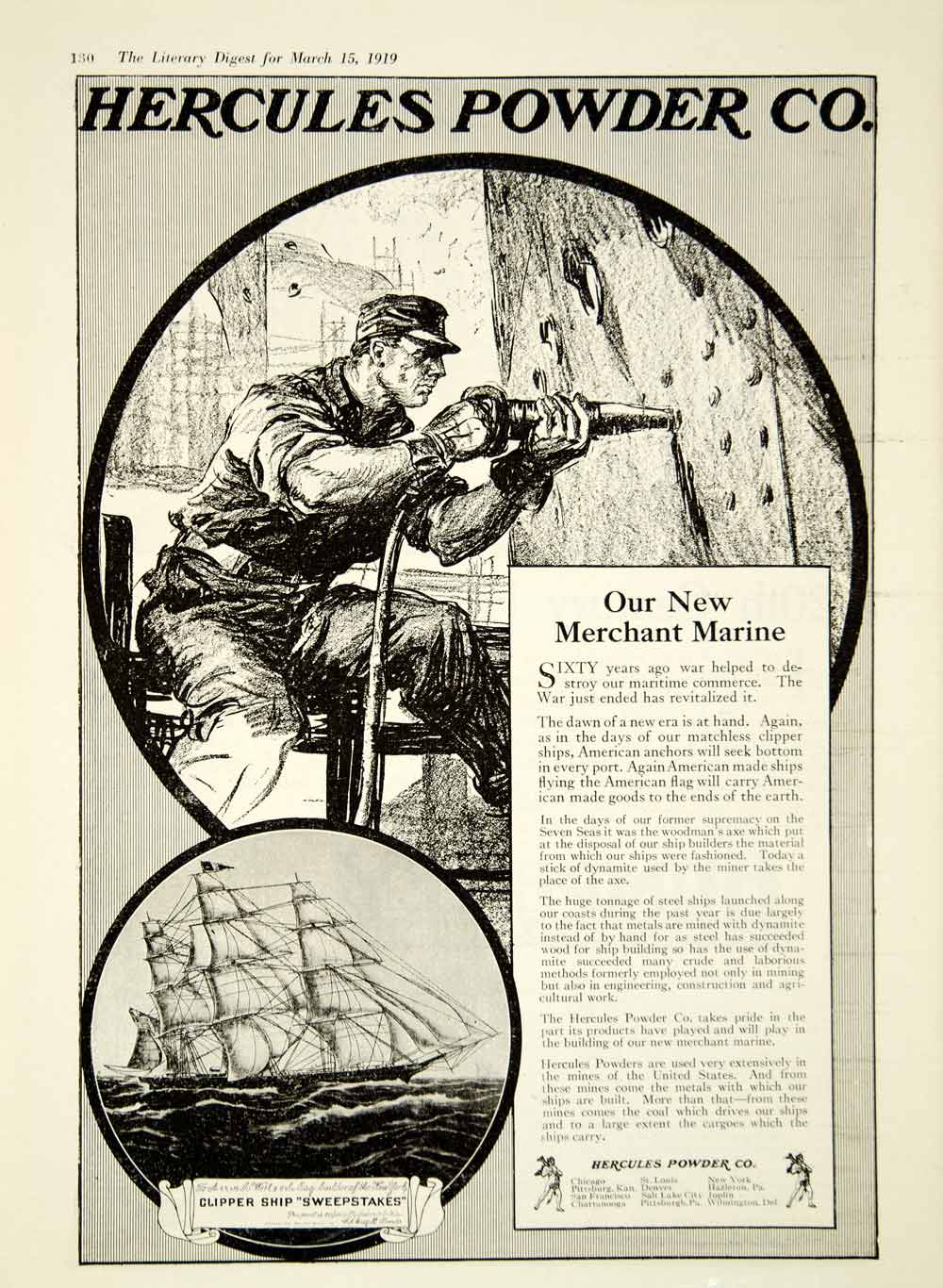 1919 Ad Hercules Powder Merchant Marine Clipper Sailing Ship Steel Worker YLD2