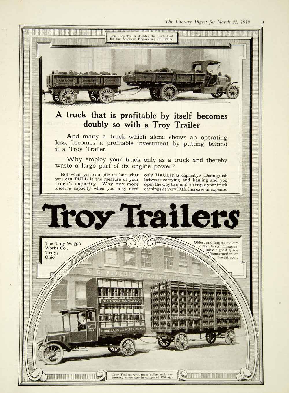 1919 Ad Troy Wagon Works OH Trailer Truck Transportation American YLD2
