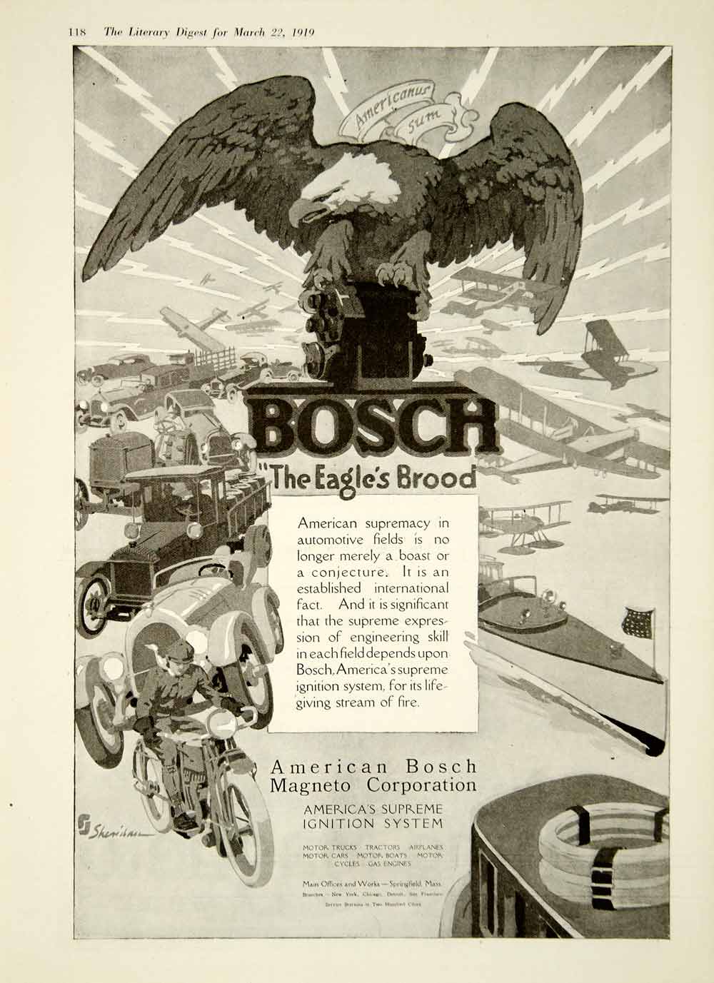1919 Ad American Bosch Magneto Springfield MA Bald Eagle Brood Ignition YLD2