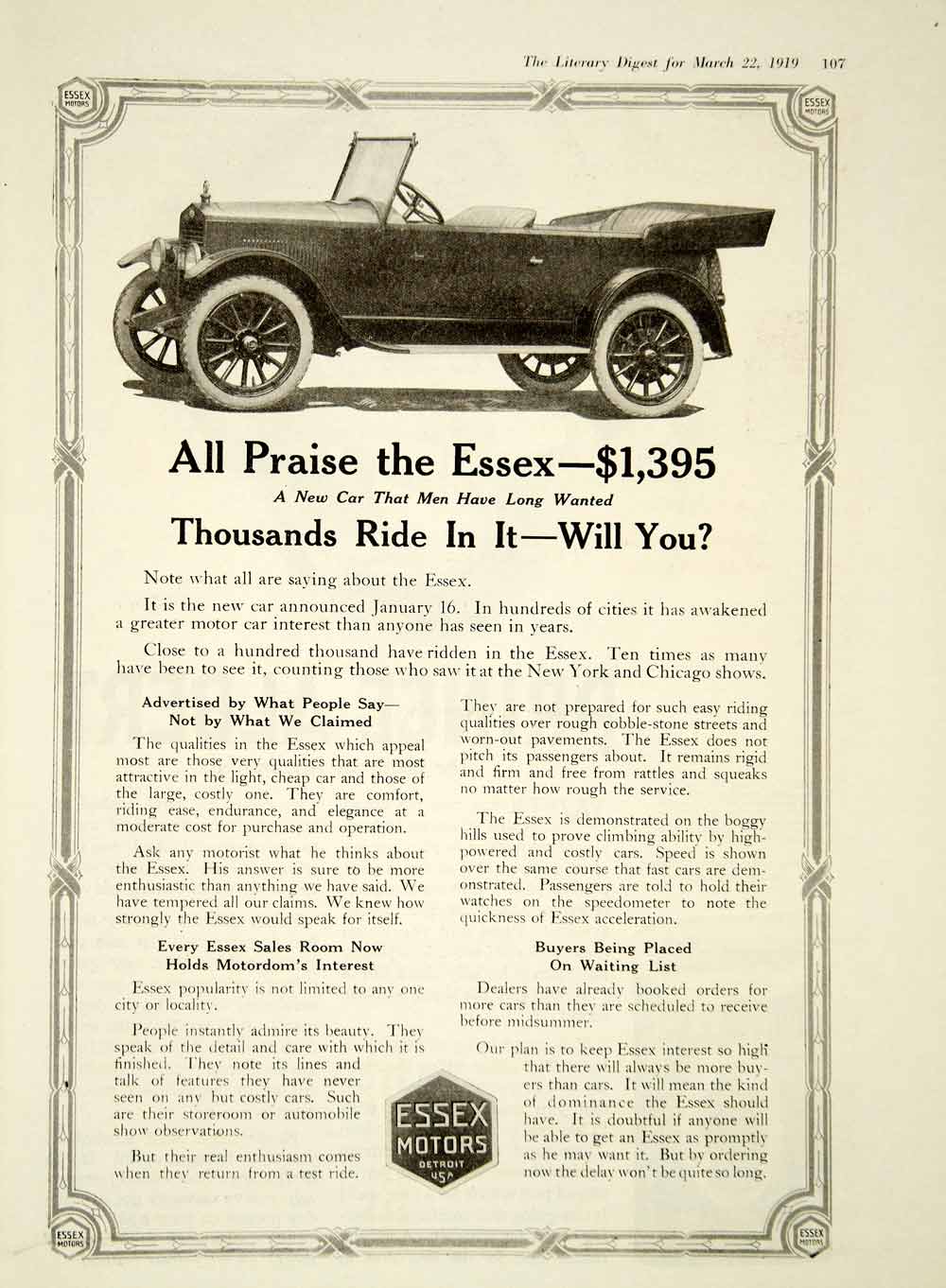 1919 Ad Essex Motors Detroit MI 4 Door Open Touring Automobile YLD2
