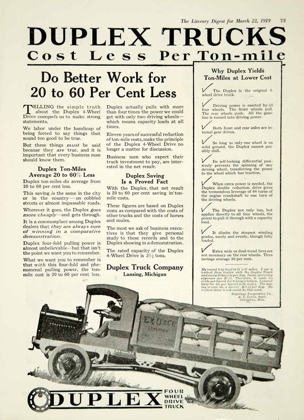 1919 Ad Duplex Truck Lansing MI 4 Wheel Drive Transportation Ton Mile Lower YLD2