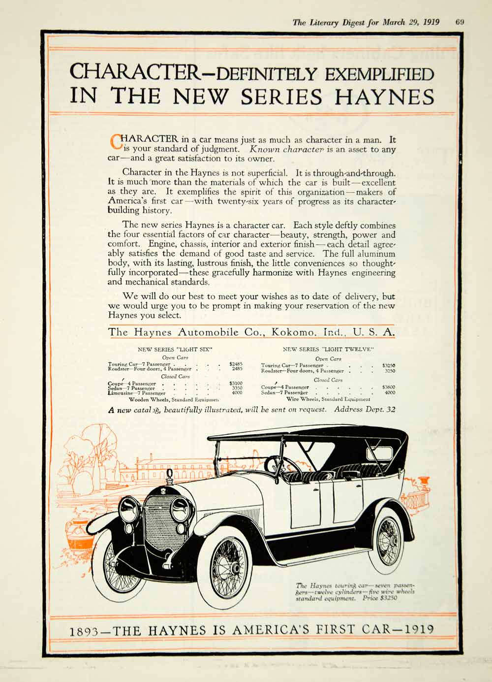1919 Ad Haynes Automobile Kokomo IN 4 Door 7 Passenger Touring Car Light YLD2
