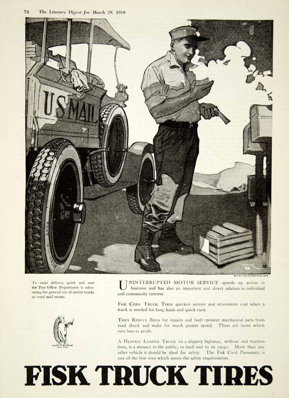 1919 Ad Fisk Rubber Truck Tires US Mail Post Office Delivery Cord Pneumatic YLD2