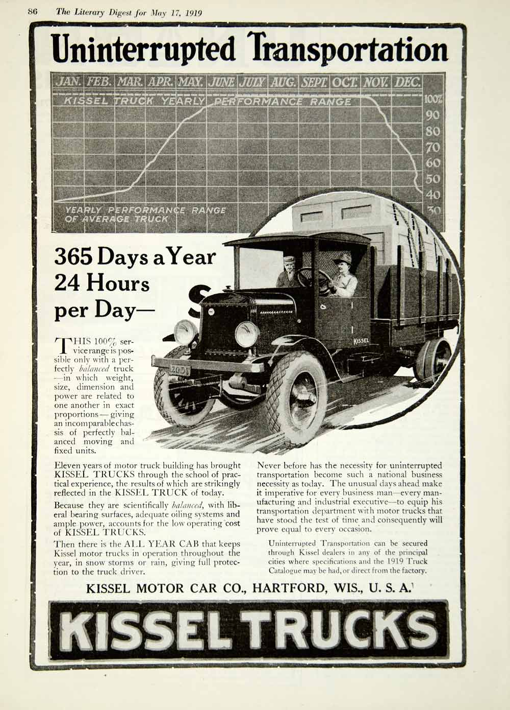 1919 Ad Kissel Motor Car Truck Hartford WI Uninterrupted Transportation YLD2