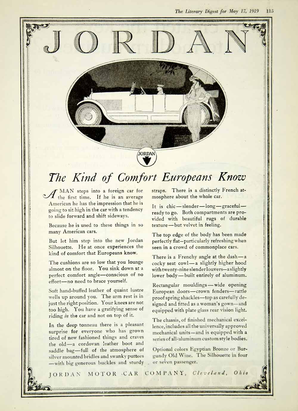 1919 Ad Jordan Motor Car Cleveland OH 4 Door Open Touring Luxury Silhouette YLD2