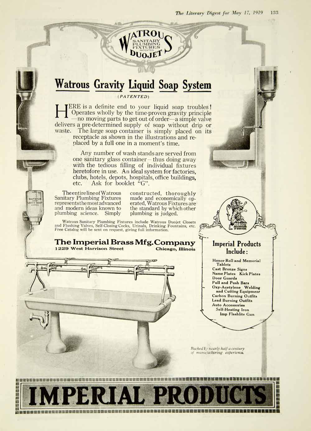 1919 Ad Imperial Brass 1229 W Harisson St Chicago IL Watrous Liquid Soap YLD2