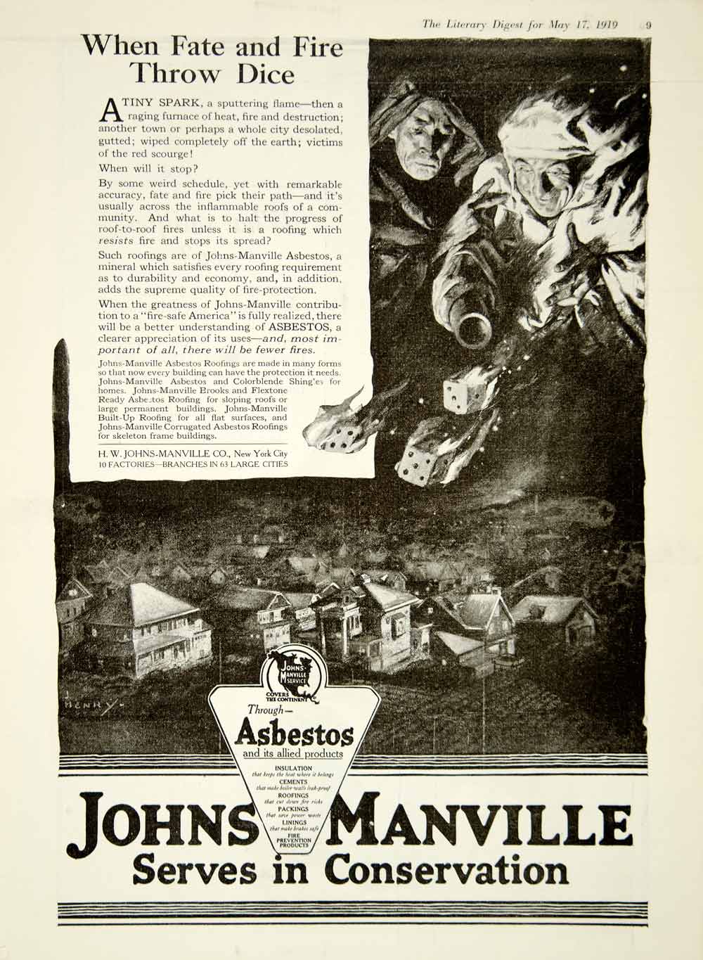 1919 Ad HW Johns Manville NY Asbestos Home Building Insulation Fate Fire YLD2