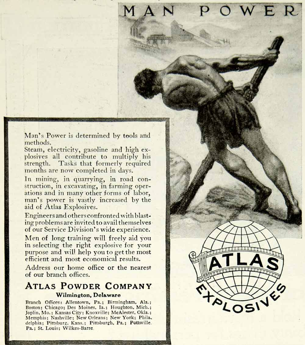 1919 Ad Atlas Powder Explosive Man Power Art Globe Wilmington DE Mining YLD2