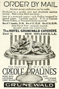 1919 Ad Hotel Grunewald Caterers Creole Pralines Louisiana Cane Sugar Pecan YLD2
